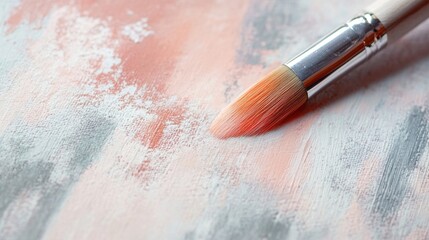 Close-up of a soft bristle brush gently touching a canvas with subtle brushstrokes of peach, white, and gray paints.