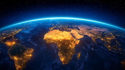 Fototapeta premium Global view of Earth at night, highlighting city lights.