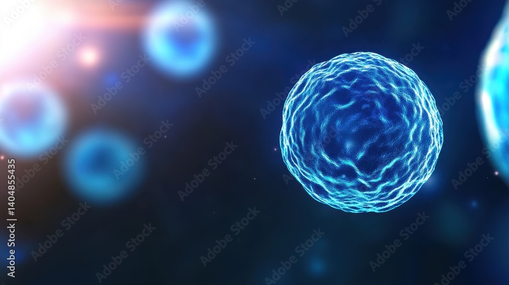 Poster microscopic view of glowing cells in a dark background, showcasing cellular structures and interacti