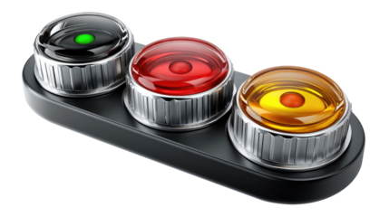 Traffic Light Indicators: A detailed view of a futuristic indicator with green, red and amber lights. The lights gleam with vibrant colors, set against a modern, minimalist backdrop.