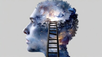 The magic of thinking big A surreal image depicting a human head filled with a galaxy, symbolizing introspection and creativity.