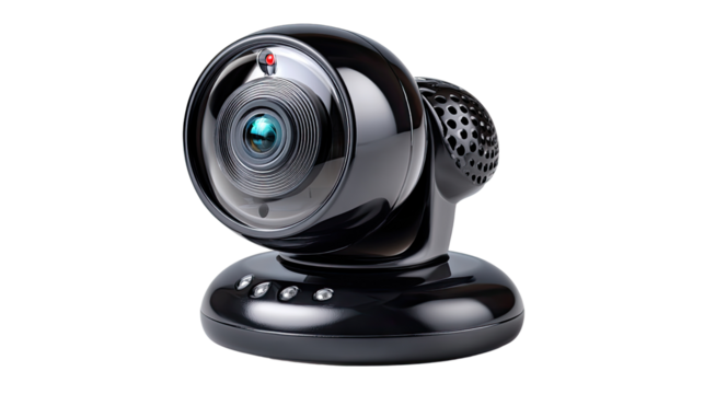 Black Security Camera: A sleek, black dome security camera with a wide-angle lens, providing comprehensive surveillance and protection.  The camera sits on a small base.
