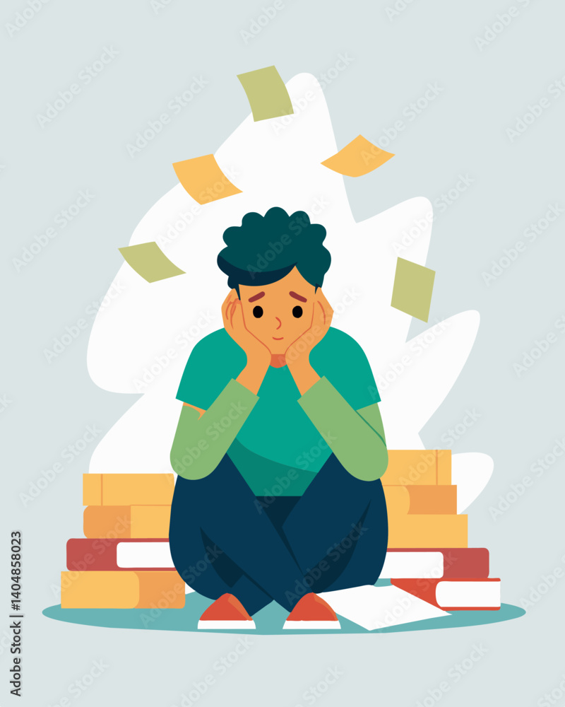 Poster a person sitting in front of a pile of bills and a sad expression representing the financial struggl