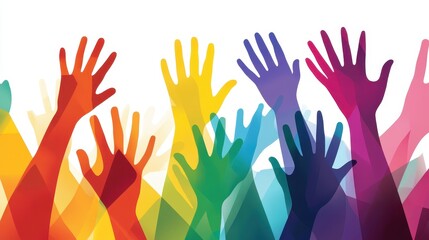 Fototapeta premium Colorful silhouettes of raised hands expressing unity and diversity against a vibrant background
