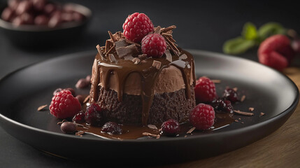 Delicious chocolate dessert topped with raspberries and a drizzle of chocolate sauce. AI Generated Images
