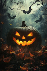 Spooky Halloween Jack-o'-lantern in Dark Forest with Bats and Autumn Leaves