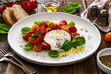 Caprese salad - tomatoes, fresh basil leaves and burrata cheese on wooden background	