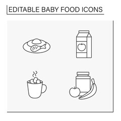 Bay food line icons set. Hot cocoa with marshmallow, orange juice, egg and drumstick. Drinks and meals. Healthy menu concept. Isolated vector illustrations. Editable stroke