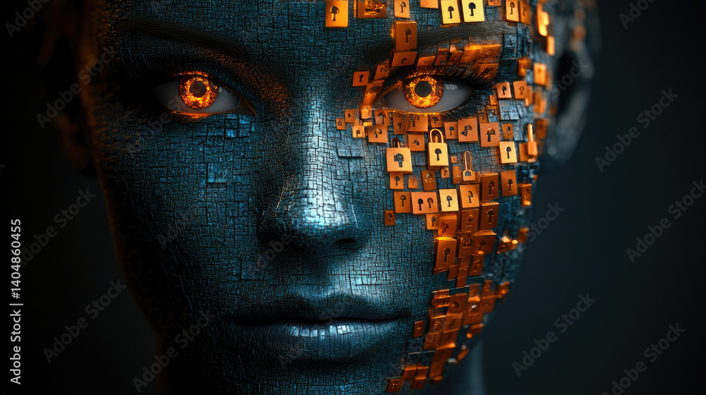 Poster exploring abstract faces and fragmented digital layers in cybersecurity digital age graphic art virt