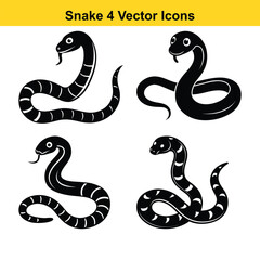 A cute cartoon illustration features a set of wild black and white snake animals, a vector reptile serpent.