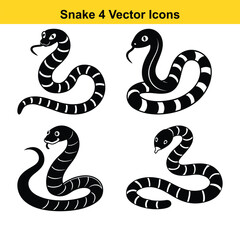 A cute cartoon illustration features a set of wild black and white snake animals, a vector reptile serpent.