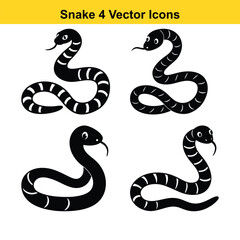 A cute cartoon illustration features a set of wild black and white snake animals, a vector reptile serpent.