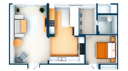 Aerial view of a modern apartment layout featuring living room, kitchen, and bedroom