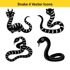 A cute cartoon illustration features a set of wild black and white snake animals, a vector reptile serpent.