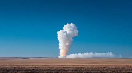 Rocket Launch in Desert Landscape, A rocket launching in a desert landscape with a clear blue sky