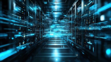 Obraz premium Data Center Corridor: A Digital Data Stream Visualization