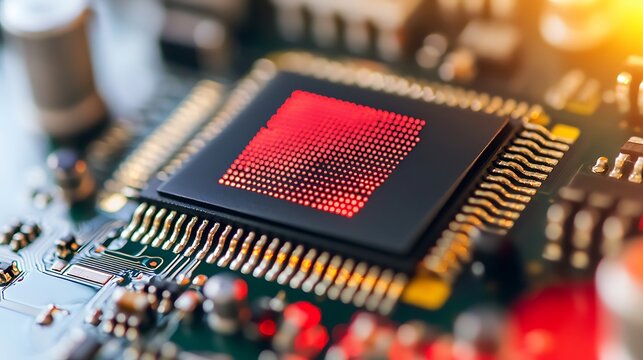 Close-up of a microprocessor chip on a circuit board.