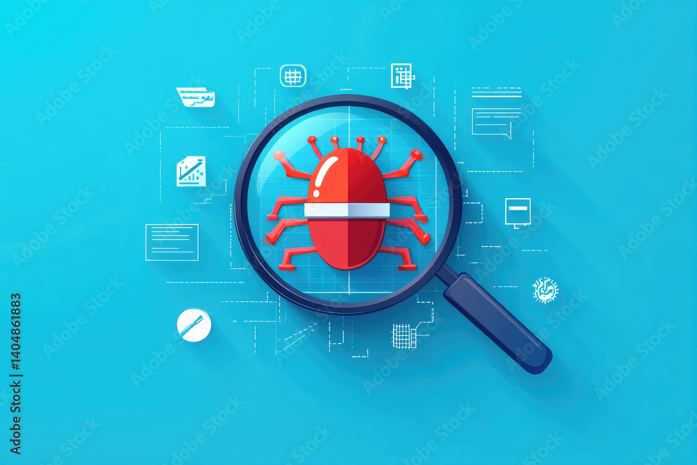 Poster antivirus scanning event bug detection in cybersecurity flat design illustration digital environment