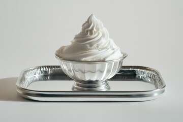 A generous pile of whipped cream in a decorative silver bowl.
