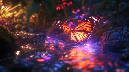 Butterfly bathed in ethereal light by a gently flowing stream scenery