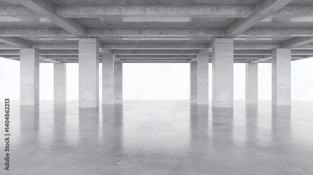 Poster a minimalist concrete room with a high ceiling and evenly spaced columns.