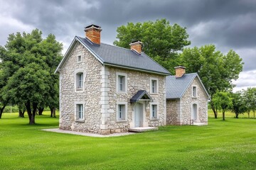 Fototapeta premium A gothic rural village with old stone cottages under cloudy skies and wild trees swaying in the wind
