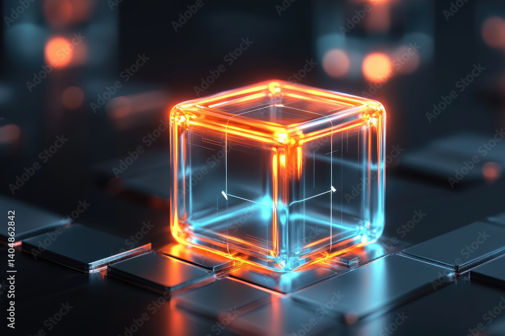 Poster preventing cyber threats glowing code blocks illustration in digital space for enhanced security awa