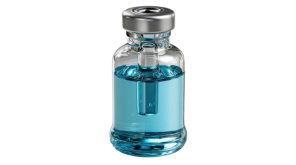 Glass Vial with Blue Liquid: A single glass vial with a silver cap, filled with a clear blue liquid. It symbolizes medical advancement, scientific exploration, and the potential for health solutions.