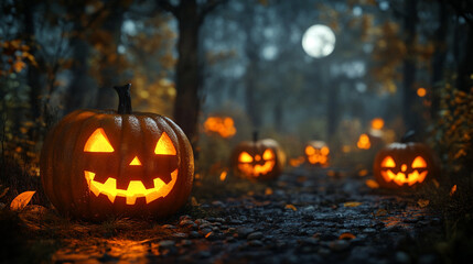 Obraz premium Spooky Halloween Jack-o'-Lanterns Path in Dark Autumn Forest at Night