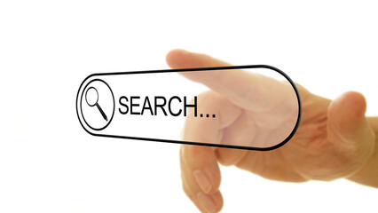 Searching information network concept with copy space. The hand inputs keyword and click to virtual...