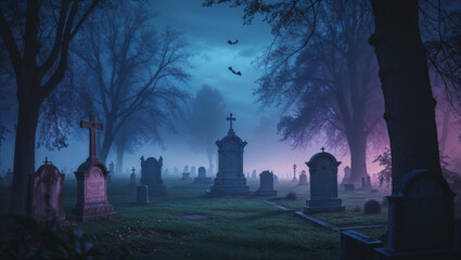A misty graveyard at dusk, illuminated by a soft purple glow, creates a spooky halloween scene.