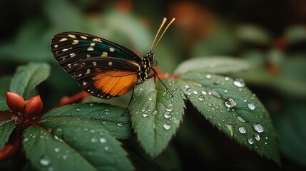Peaceful orange and black butterfly resting on dewy leaf in garden