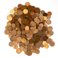 A pile of many coins on white background