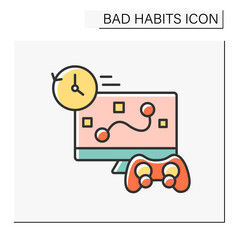 Addiction color icon. Uncontrolled game playing. Game online shooting games whole night.Bad habits concept. Isolated vector illustration
