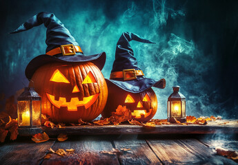 Fototapeta premium Spooky Halloween Jack-o'-lanterns with Witch Hats, Lanterns, and Autumn Leaves on Wooden Table