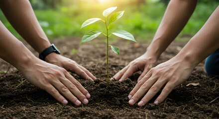 Fototapeta premium Tender Sapling: Hands Gently Planting a New Life in Rich Soil