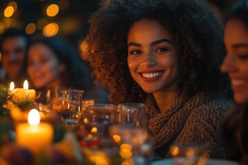 Multigenerational family gathered around a holiday table, with candles and festive decor, sharing stories and enjoying the meal 