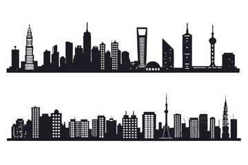 Fototapeta premium City Silhouette Vector Set - Urban Skyline Panorama & Border Collection