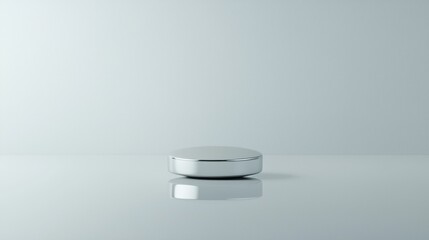 A shiny silver container sits on a reflective surface.