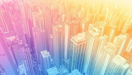 Obraz premium Vibrant cityscape aerial view. Dense urban high-rise buildings colored in pastel hues