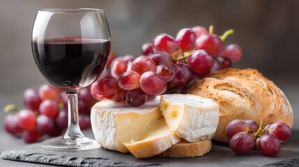 Moody still life of wine, brie, and grapes with rich depth and texture
