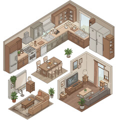 Isometric Detailed Layout of an Open Concept Living Space with Natural Tones