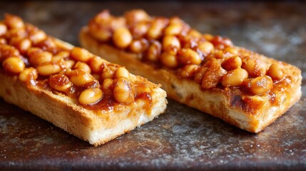 Delight in baked beans on toast amidst natural kitchen light with crisp edges and saucy details