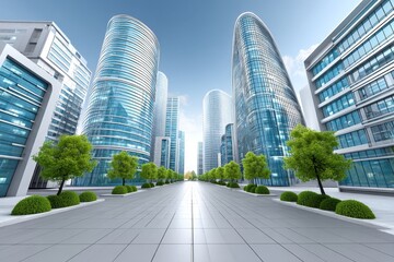 A modern business district filled with sleek glass towers