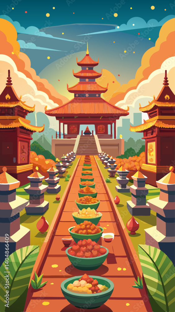 Poster a colorful scene of a courtyard with a large building in the background. the courtyard is filled wit