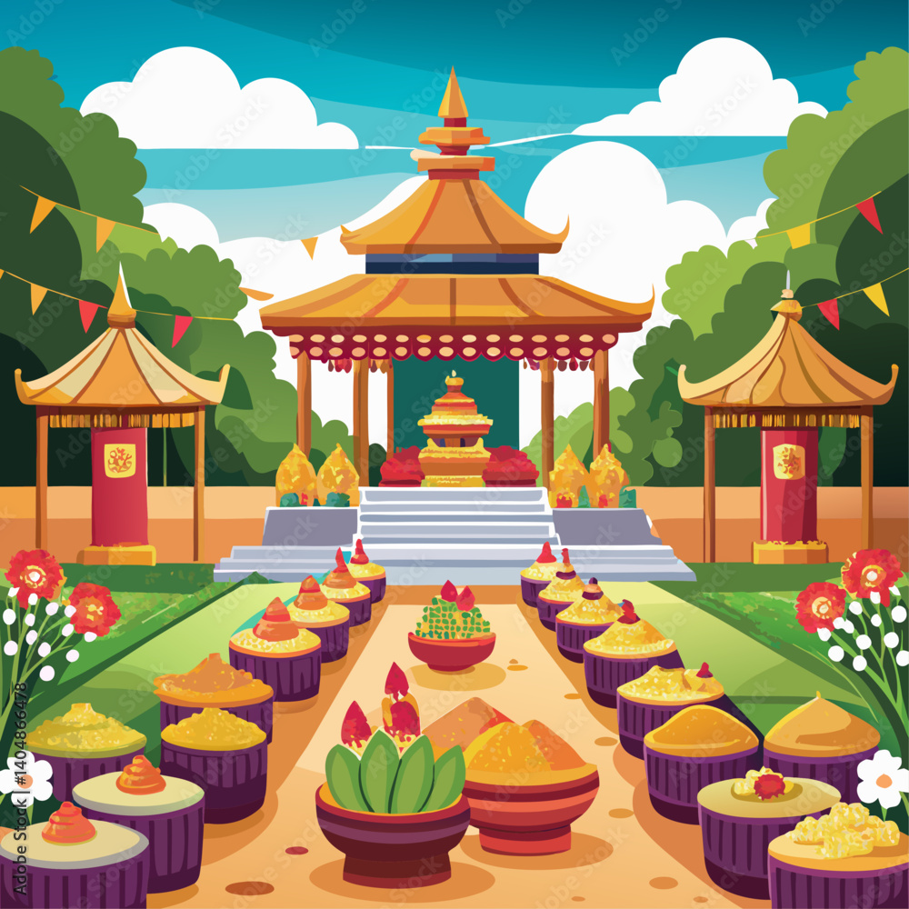 Poster a colorful scene of a courtyard with a large building in the background. the courtyard is filled wit