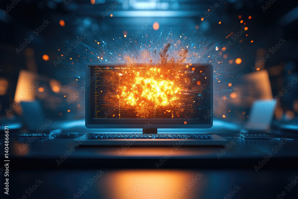 Poster dynamic illustration of a firewall preventing a digital explosion of malware cybersecurity defense m