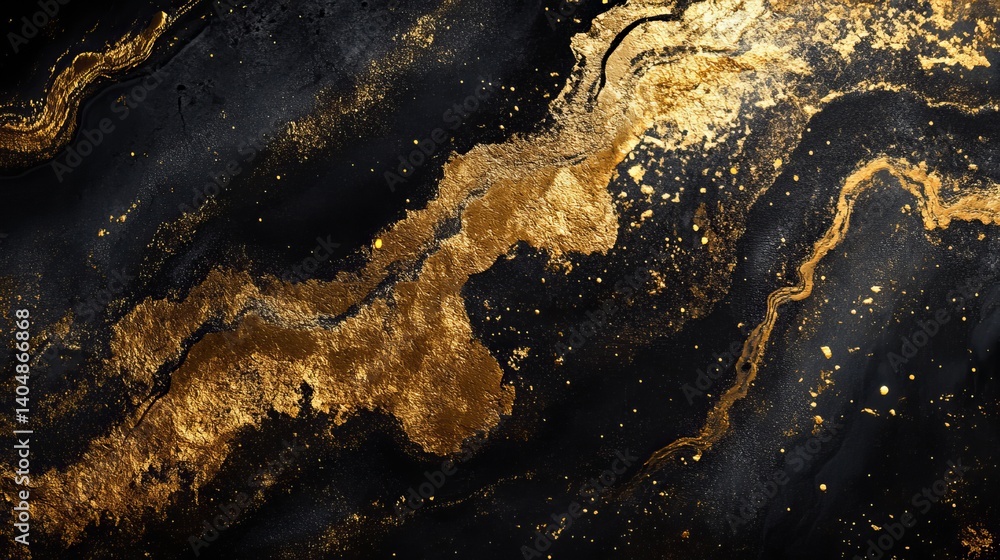 Poster abstract black background with flowing gold texture and scattered gold flecks throughout image plane