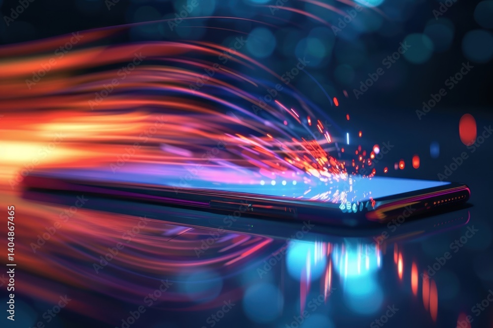 Poster futuristic image of a smartphone with colorful light trails symbolizing high-speed data transfer