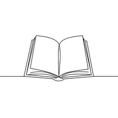 Minimalist continuous line drawing of an open book on a white background
